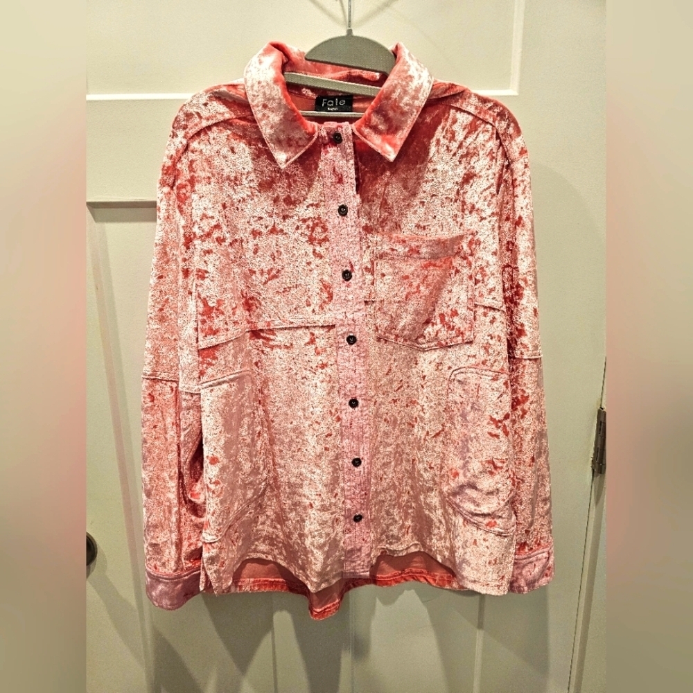 Fate Pink Crushed Velvet Button Down Shirt Blouse Shacket – Size Small